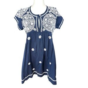 Dolma size Small the Ava Navy Blue with white Embroidered Mini peasant‎ Dress